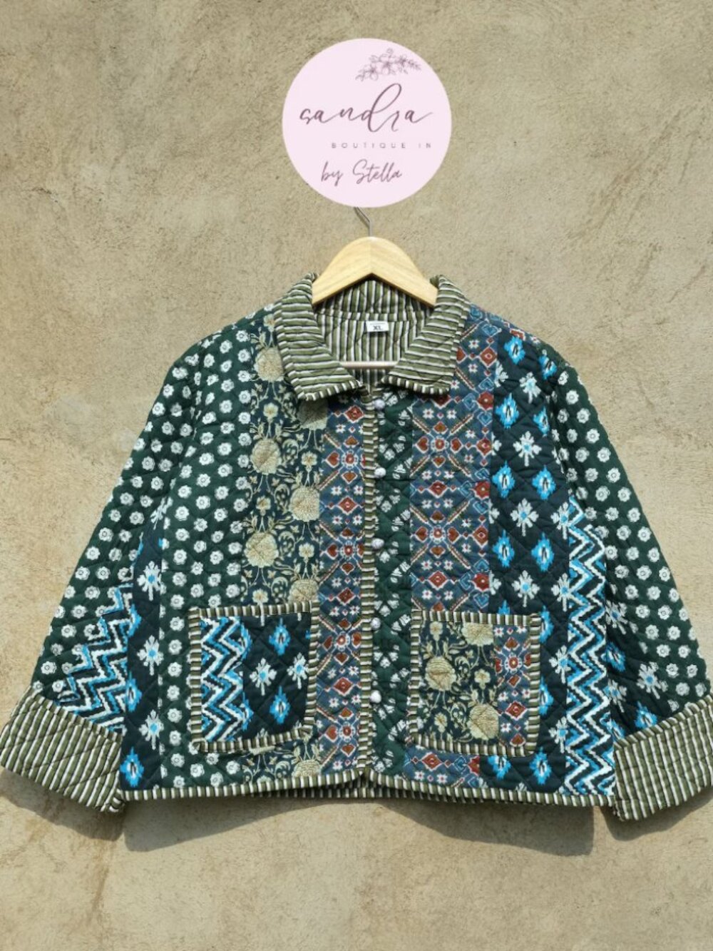 NWT Stella Impex Reversible Patchwork Quilted Jacket Green Blue Floral Boho XXXL